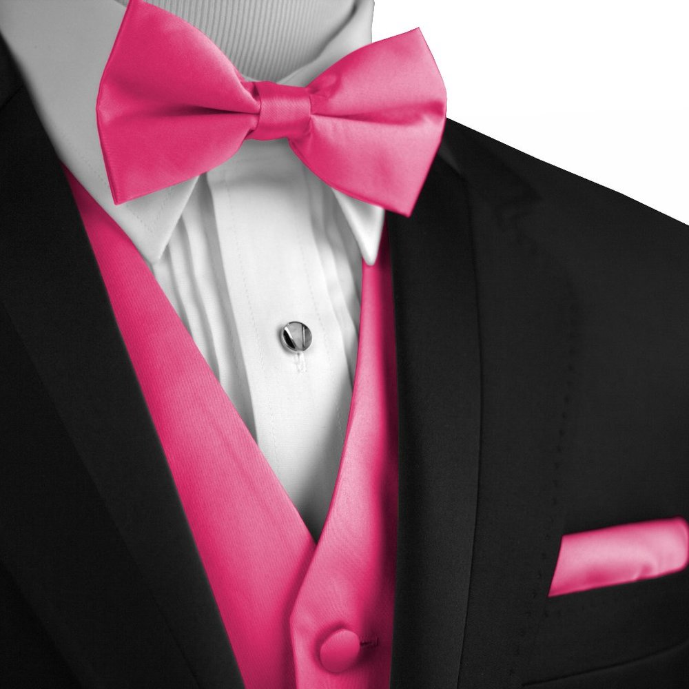 Men's Formal Wedding Prom Homecoming Tuxedo Vest Bow-Tie Hankie - Fuchsia Satin